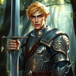 A male half-elf paladin with striking blonde hair and captivating green eyes, confidently wielding a magnificent greatsword in his right hand