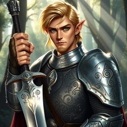 A male half-elf paladin with striking blonde hair and captivating green eyes, confidently wielding a magnificent greatsword in his right hand