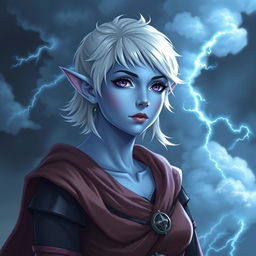 In the style of Dungeons and Dragons character art, portray Maeve as a striking figure with light blue skin and elegantly pointed elven ears