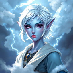 In the style of Dungeons and Dragons character art, portray Maeve as a striking figure with light blue skin and elegantly pointed elven ears