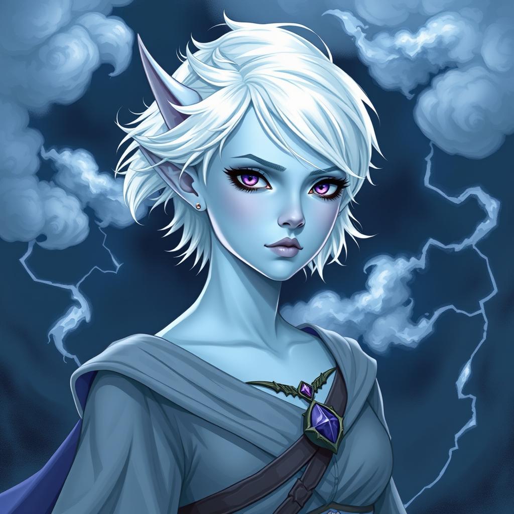 In the style of Dungeons and Dragons character art, portray Maeve as a striking figure with light blue skin and elegantly pointed elven ears