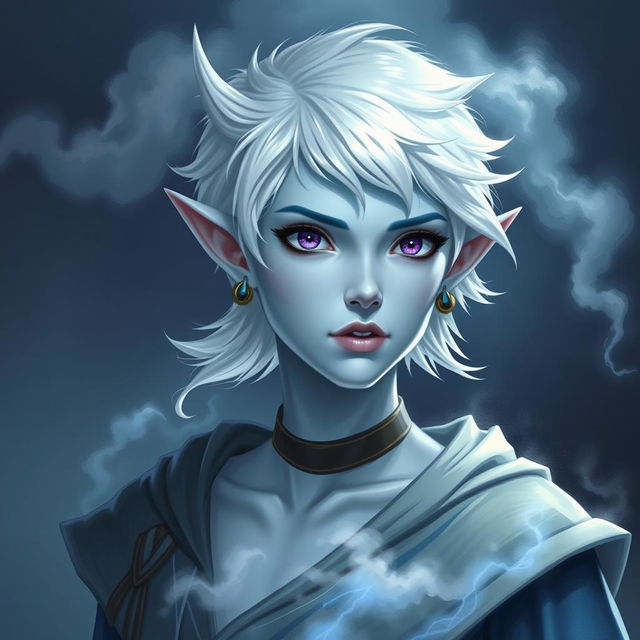 In the style of Dungeons and Dragons character art, portray Maeve as a striking figure with light blue skin and elegantly pointed elven ears