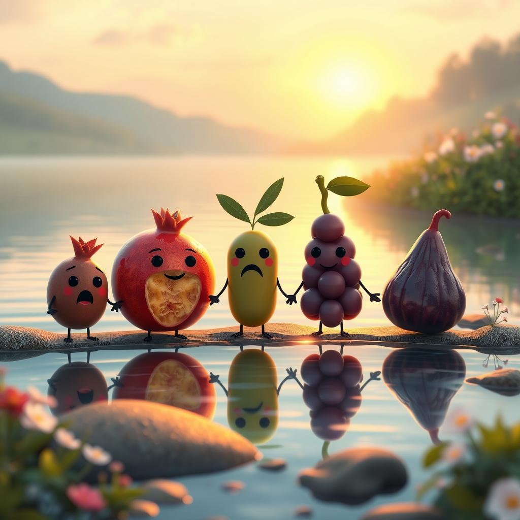 A whimsical scene featuring a grenade (pomegranate), a date, an olive, a grape, and a fig, all anthropomorphized and holding hands at the water's edge