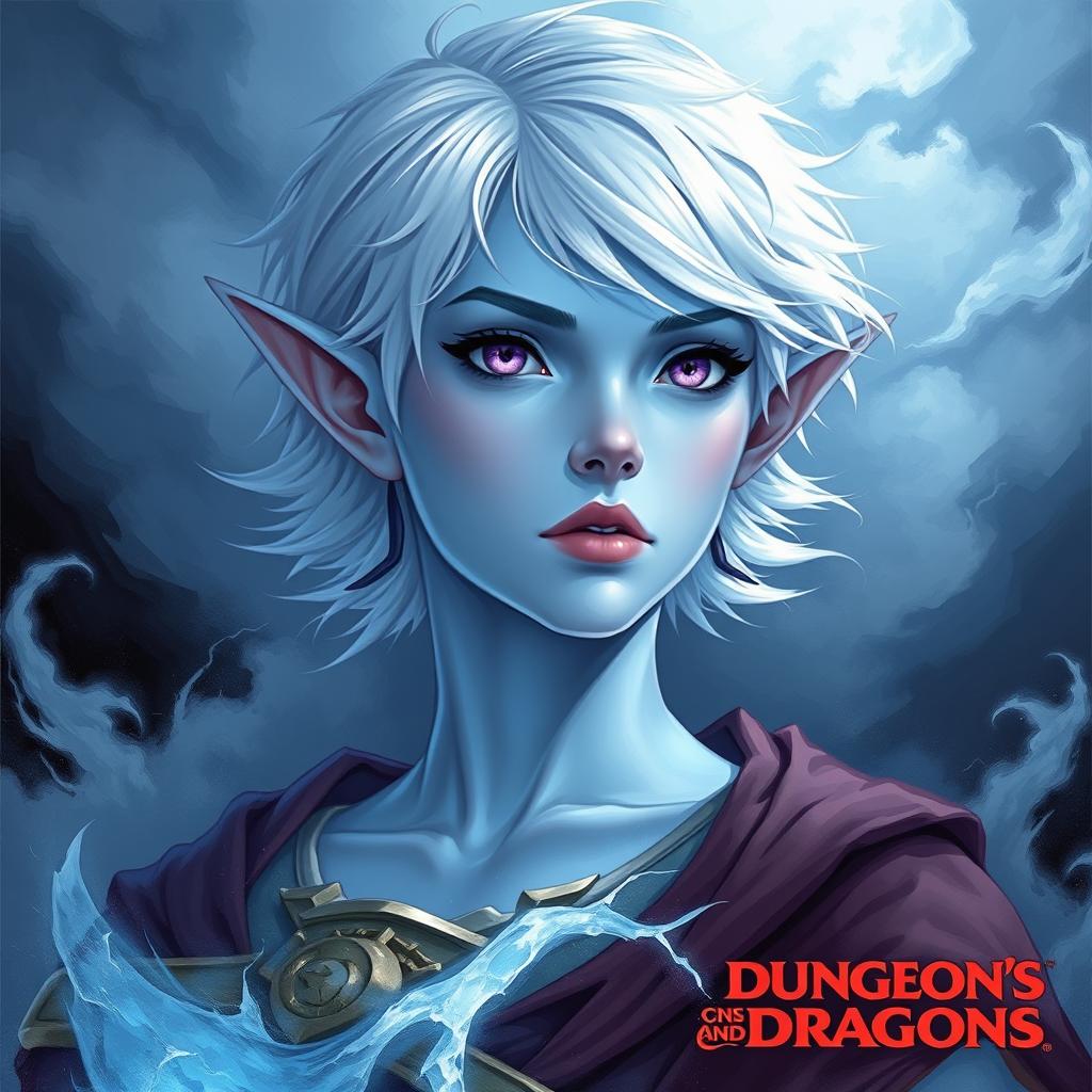 In the style of Dungeons and Dragons character art, portray Maeve as a striking figure with light blue skin and delicately pointed elven ears