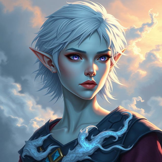 In the style of Dungeons and Dragons character art, portray Maeve as a striking figure with light blue skin and delicately pointed elven ears