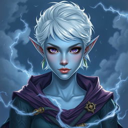 In the style of Dungeons and Dragons character art, portray Maeve as a striking figure with light blue skin and delicately pointed elven ears