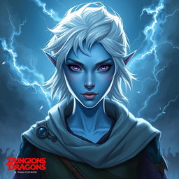 In the style of Dungeons and Dragons character art, portray Maeve as a striking figure with light blue skin and delicately pointed elven ears