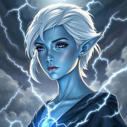 In the style of Dungeons and Dragons character art, depict Maeve as a striking figure with light blue skin and elegant, pointed elven ears