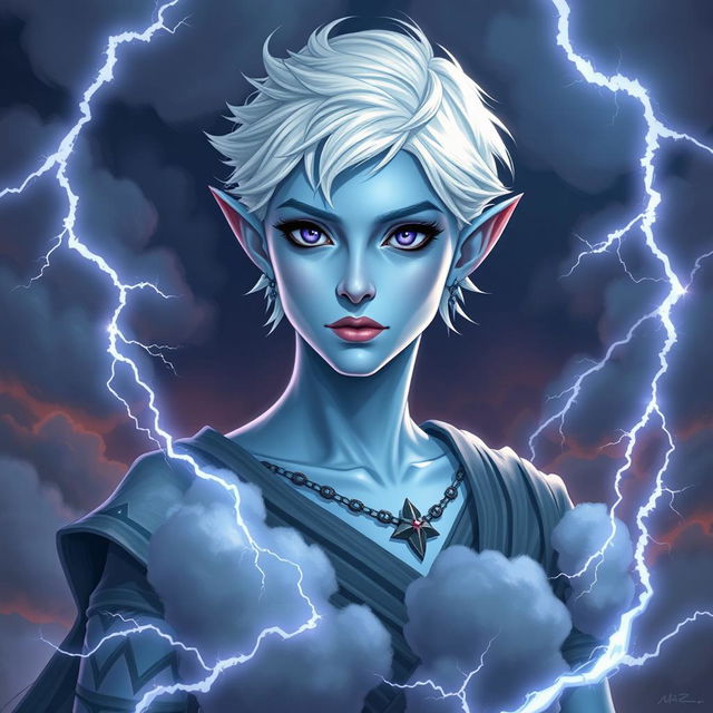 In the style of Dungeons and Dragons character art, depict Maeve as a striking figure with light blue skin and elegant, pointed elven ears