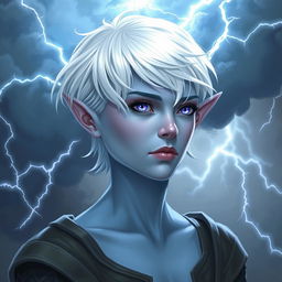 In the style of Dungeons and Dragons character art, depict Maeve as a striking figure with light blue skin and elegant, pointed elven ears
