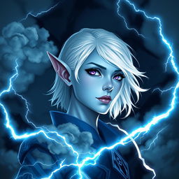 In the style of Dungeons and Dragons character art, depict Maeve as a striking figure with light blue skin and elegant, pointed elven ears