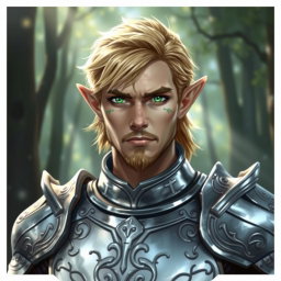 A male half-elf paladin with striking blonde hair and enchanting green eyes, complemented by a distinguished goatee