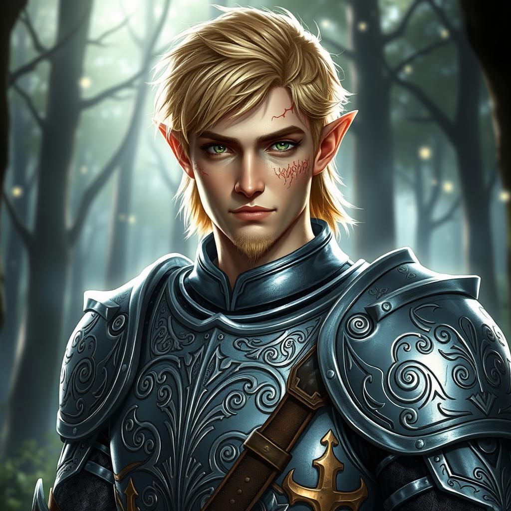 A male half-elf paladin with striking blonde hair and enchanting green eyes, complemented by a distinguished goatee