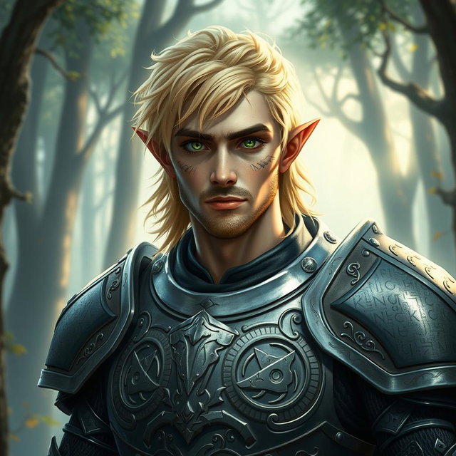 A male half-elf paladin with striking blonde hair and enchanting green eyes, complemented by a distinguished goatee