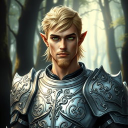 A male half-elf paladin with striking blonde hair and enchanting green eyes, complemented by a distinguished goatee
