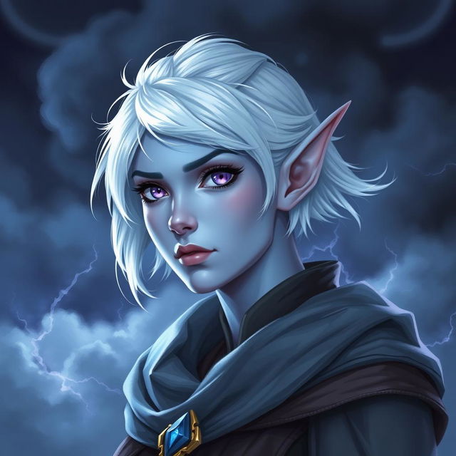 In the style of Dungeons and Dragons character art, illustrate Maeve as a striking figure with radiant light blue skin and gracefully pointed elven ears