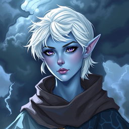 In the style of Dungeons and Dragons character art, illustrate Maeve as a striking figure with radiant light blue skin and gracefully pointed elven ears