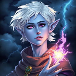 In the style of Dungeons and Dragons character art, illustrate Maeve as a striking figure with radiant light blue skin and gracefully pointed elven ears