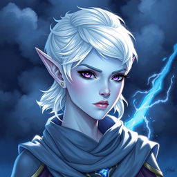 In the style of Dungeons and Dragons character art, illustrate Maeve as a striking figure with radiant light blue skin and gracefully pointed elven ears