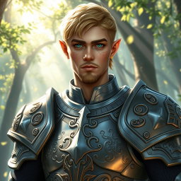 A male half-elf paladin with striking blonde hair and radiant green eyes