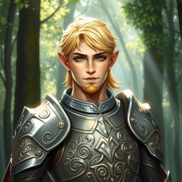 A male half-elf paladin with striking blonde hair and radiant green eyes