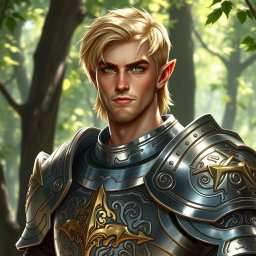 A male half-elf paladin with striking blonde hair and radiant green eyes