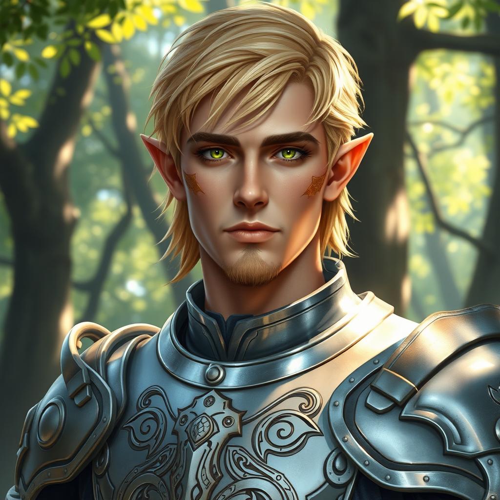 A male half-elf paladin with striking blonde hair and radiant green eyes