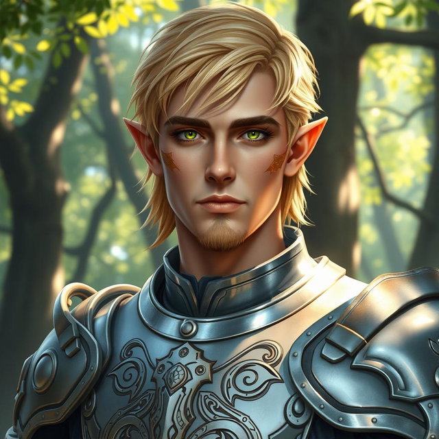 A male half-elf paladin with striking blonde hair and radiant green eyes