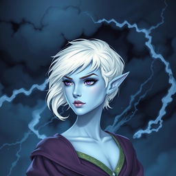 In the style of Dungeons and Dragons character art, illustrate Maeve as a striking figure with luminous light blue skin and elegantly pointed elven ears