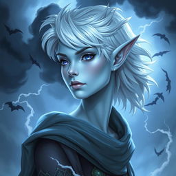In the style of Dungeons and Dragons character art, illustrate Maeve as a striking figure with luminous light blue skin and elegantly pointed elven ears