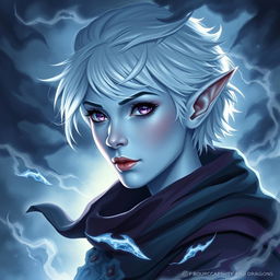 In the style of Dungeons and Dragons character art, illustrate Maeve as a striking figure with luminous light blue skin and elegantly pointed elven ears