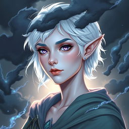 In the style of Dungeons and Dragons character art, illustrate Maeve as a striking figure with luminous light blue skin and elegantly pointed elven ears