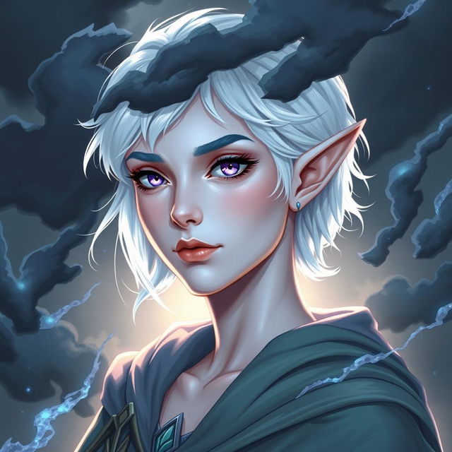 In the style of Dungeons and Dragons character art, illustrate Maeve as a striking figure with luminous light blue skin and elegantly pointed elven ears