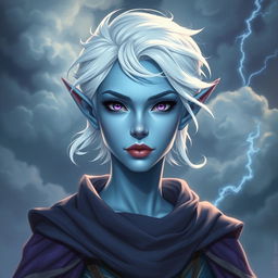 In the style of Dungeons and Dragons character art, portray Maeve as a striking figure with vibrant light blue skin and elegantly pointed elven ears