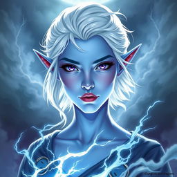 In the style of Dungeons and Dragons character art, portray Maeve as a striking figure with vibrant light blue skin and elegantly pointed elven ears