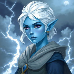 In the style of Dungeons and Dragons character art, portray Maeve as a striking figure with vibrant light blue skin and elegantly pointed elven ears