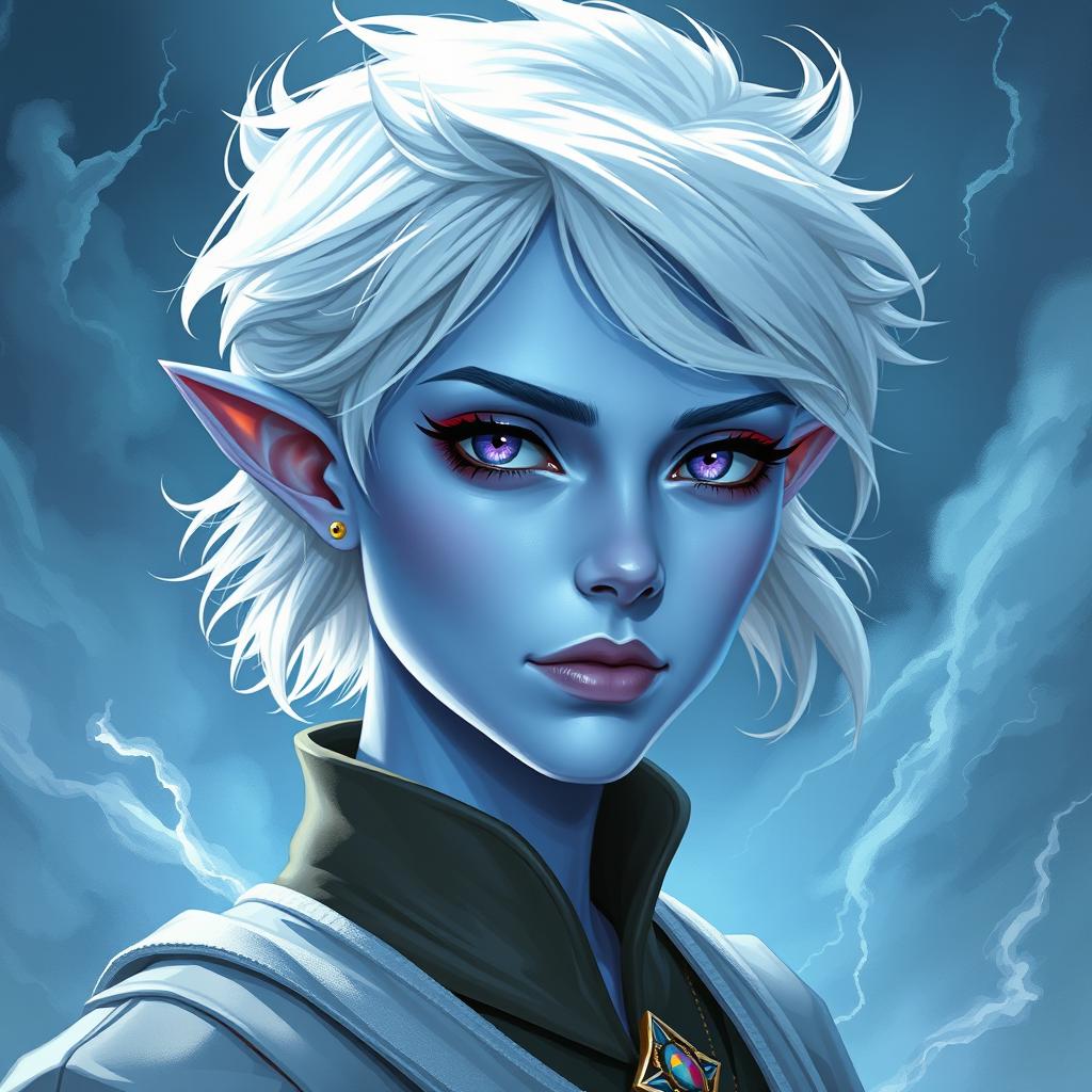 In the style of Dungeons and Dragons character art, portray Maeve as a striking figure with vibrant light blue skin and elegantly pointed elven ears