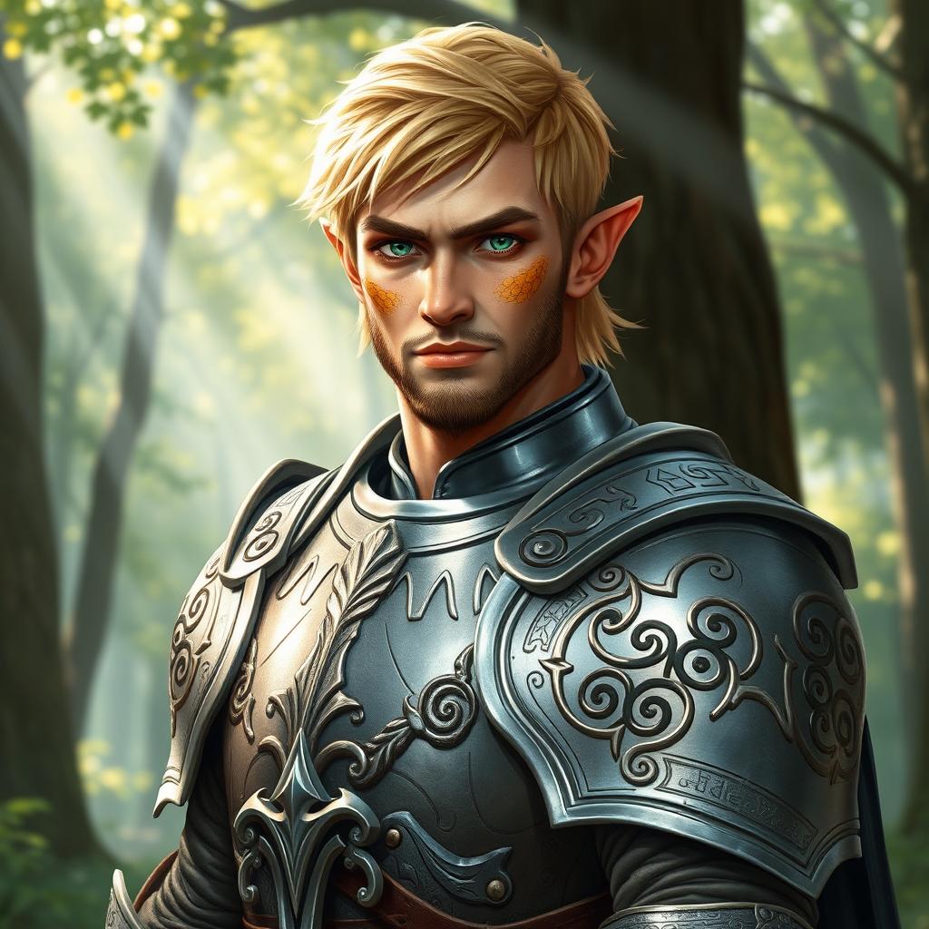 A male half-elf paladin with striking blonde hair and radiant green eyes, featuring a well-groomed goatee