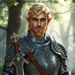 A male half-elf paladin with striking blonde hair and radiant green eyes, featuring a well-groomed goatee