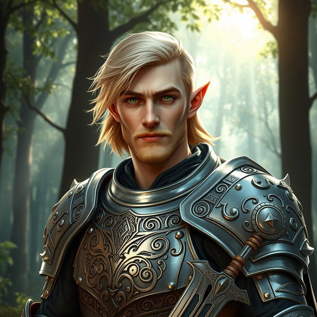 A male half-elf paladin with striking blonde hair and radiant green eyes, featuring a well-groomed goatee