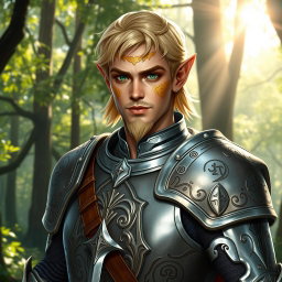 A male half-elf paladin with striking blonde hair and radiant green eyes, featuring a well-groomed goatee