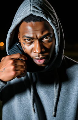 A 38-year-old black man wearing a sweat shirt with the hood up, showcasing a deep scar on one side of his face