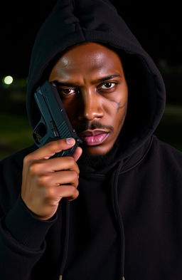 A 38-year-old black man wearing a sweat shirt with the hood up, showcasing a deep scar on one side of his face