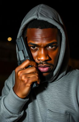 A 38-year-old black man wearing a sweat shirt with the hood up, showcasing a deep scar on one side of his face