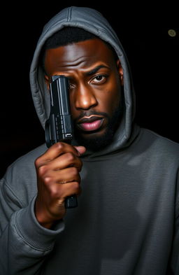 A 38-year-old black man wearing a sweat shirt with the hood up, showcasing a deep scar on one side of his face