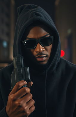 A 38-year-old black man wearing a dark sweatshirt with the hood pulled up, revealing a deep scar on one side of his face