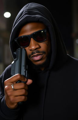 A 38-year-old black man wearing a dark sweatshirt with the hood pulled up, revealing a deep scar on one side of his face