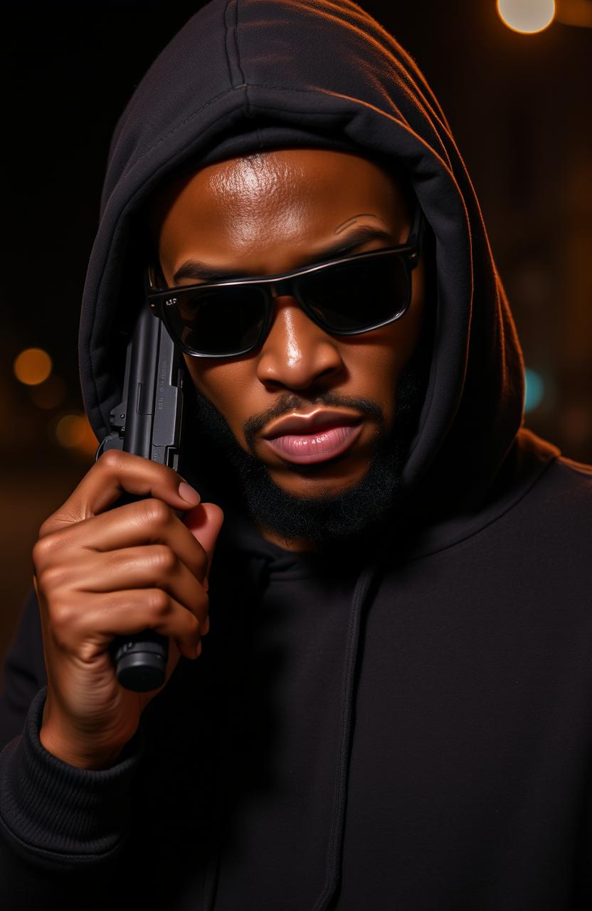 A 38-year-old black man wearing a dark sweatshirt with the hood pulled up, revealing a deep scar on one side of his face