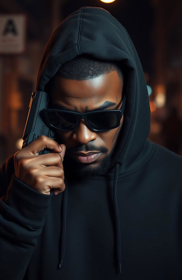 A 38-year-old black man wearing a dark sweatshirt with the hood pulled up, revealing a deep scar on one side of his face