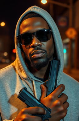 A 38-year-old black man wearing a sweatshirt with the hood up, showcasing a prominent deep scar on his face